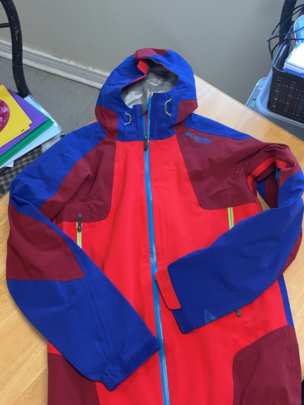 Columbia Red, Blue & Burgundy Hooded Rain Jacket
